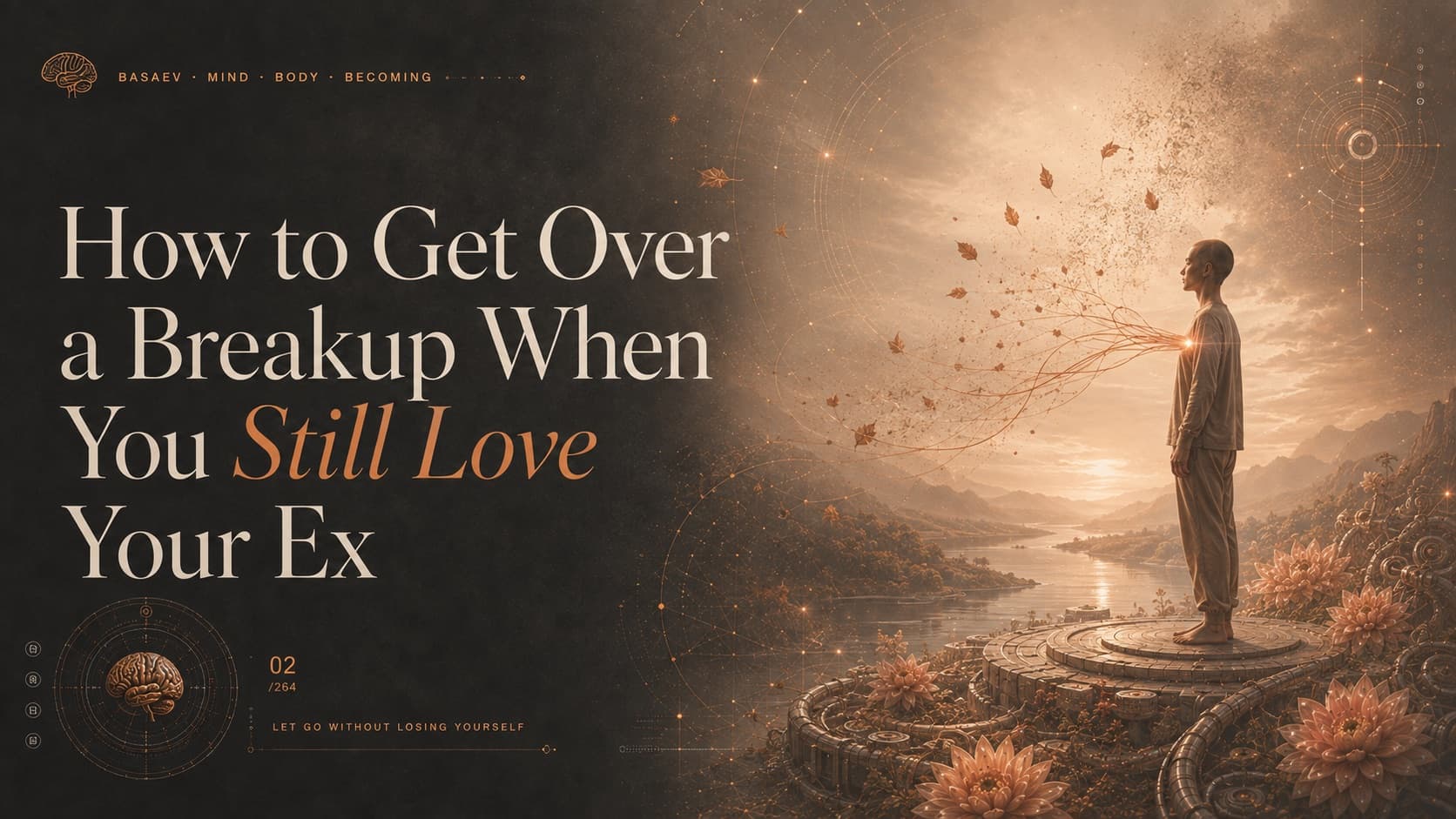 Cover: “How to Get Over a Breakup When You Still Love Your Ex” beside a figure on a stone platform releasing leaves that scatter over a sunlit valley.
