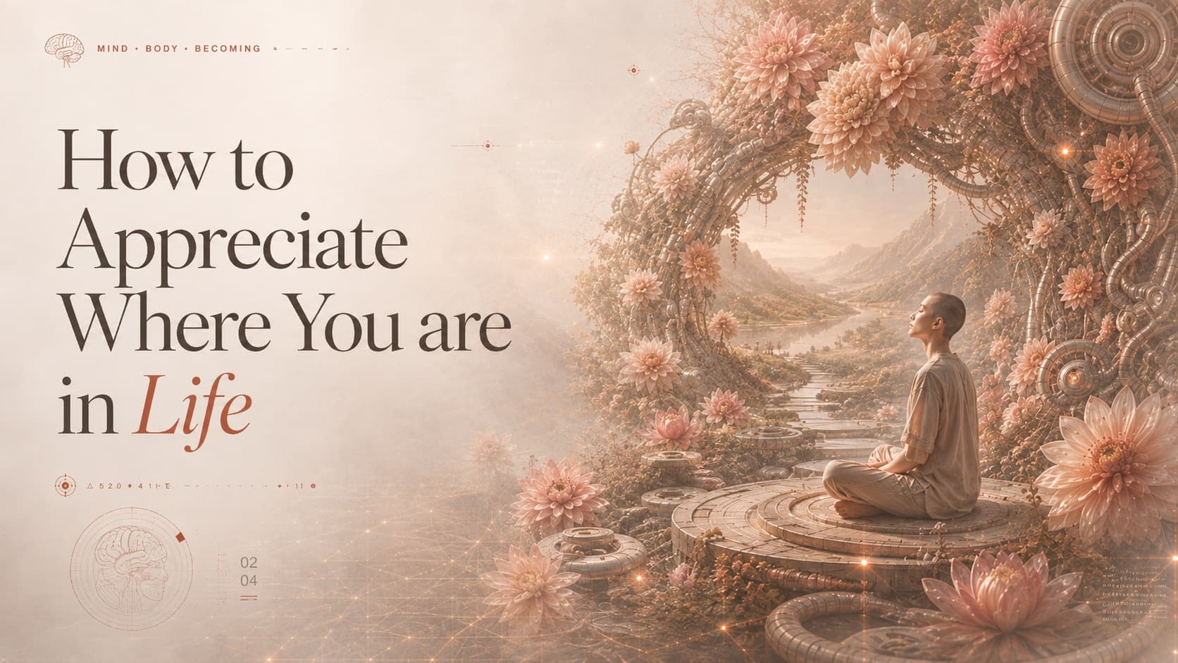 Cover: “How to Appreciate Where You are in Life” beside a seated figure looking up in a blossoming valley.