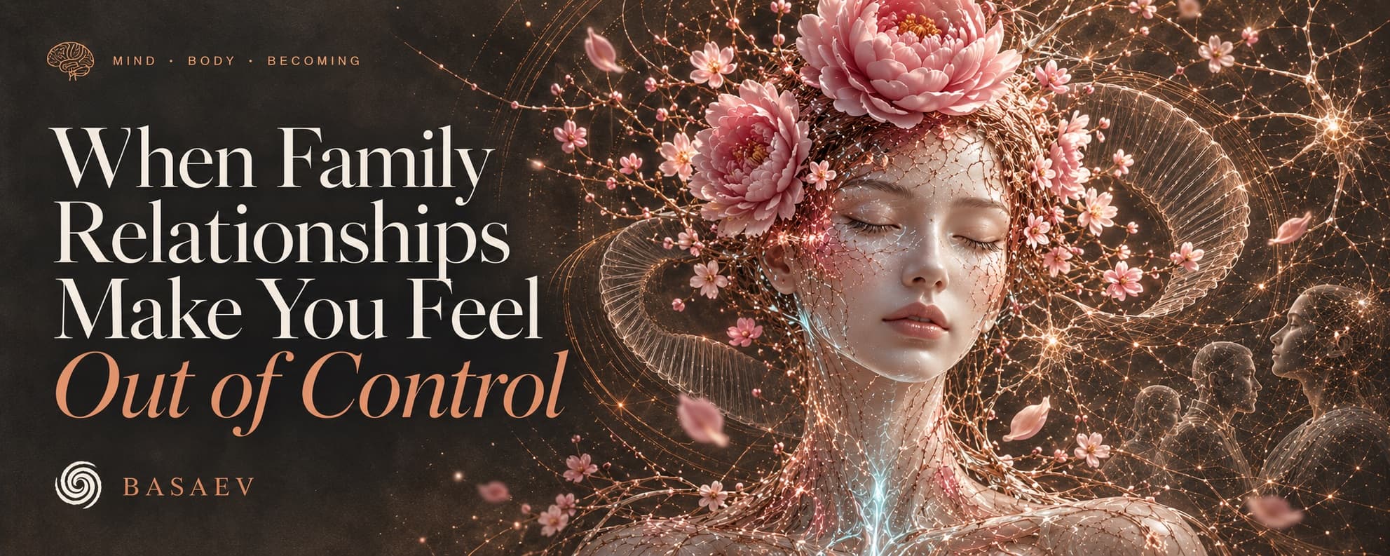 Cover: “When Family Relationships Make You Feel Out of Control” beside a woman with closed eyes crowned with pink peonies, wrapped in glowing threads, with faint figures of family behind her.