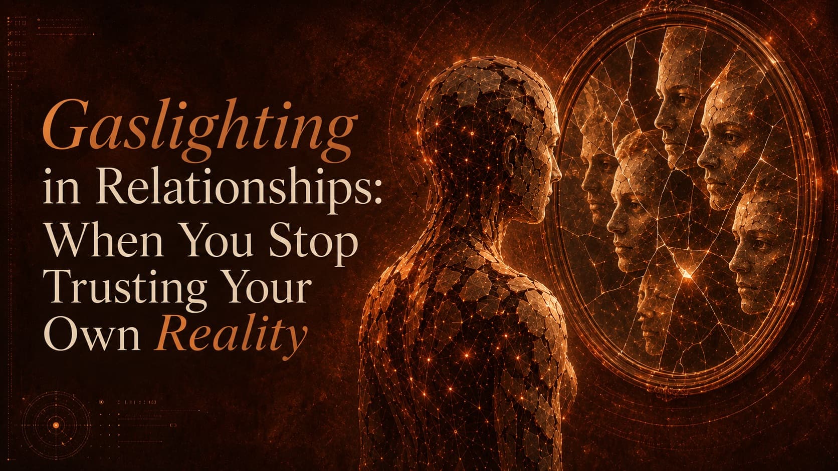 Cover: “Gaslighting in Relationships: When You Stop Trusting Your Own Reality” beside a figure facing a shattered mirror that returns many conflicting reflections.
