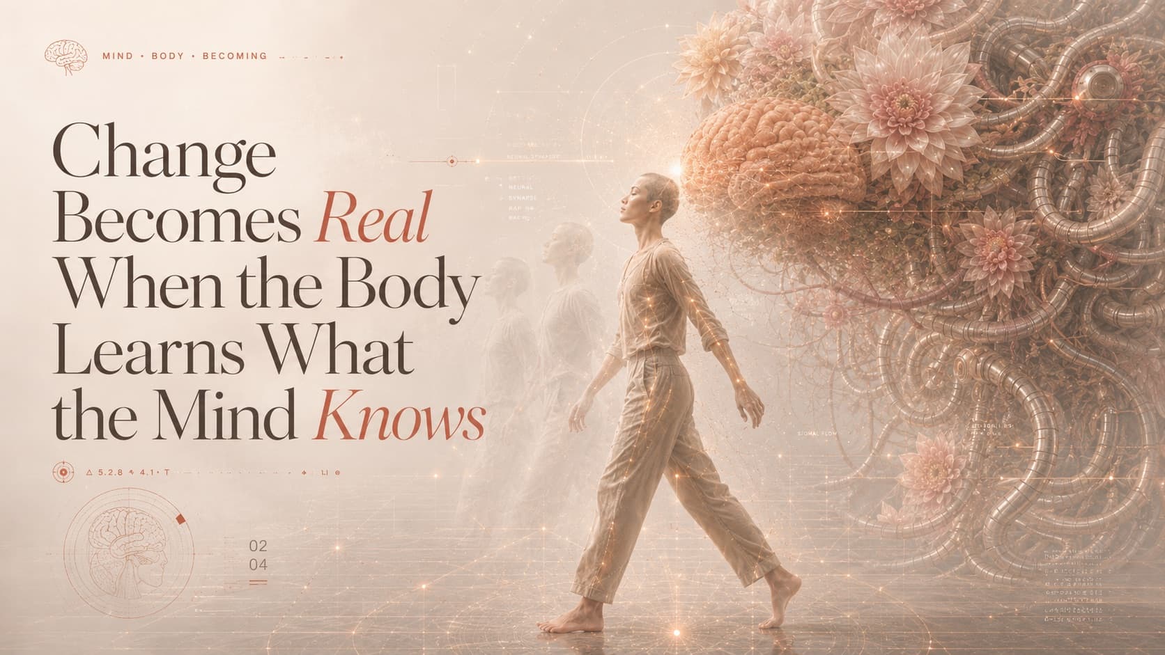 Cover: “Change Becomes Real When the Body Learns What the Mind Knows” beside a walking figure leaving faded earlier versions of itself behind.
