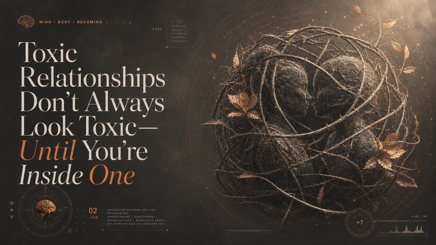 Cover: “Toxic Relationships Don’t Always Look Toxic—Until You’re Inside One” beside two facing profiles enclosed in a tangle of thorned branches.