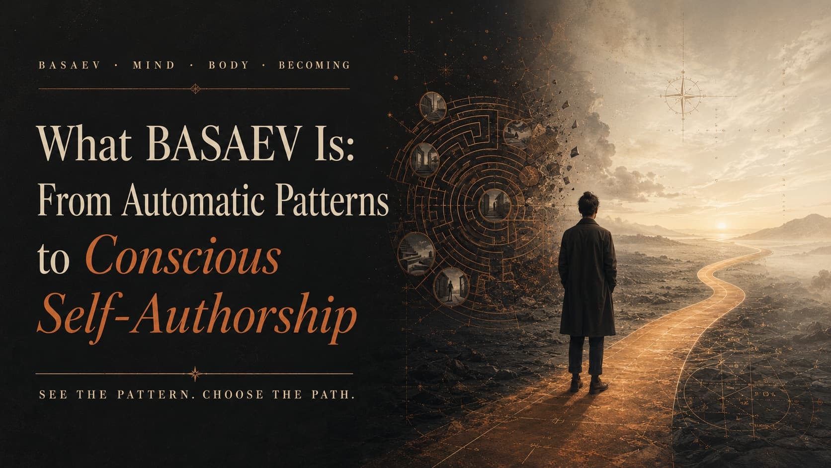 Cover: “What BASAEV Is: From Automatic Patterns to Conscious Self-Authorship” beside a figure at the edge of a crumbling labyrinth where a lit path opens toward the horizon.