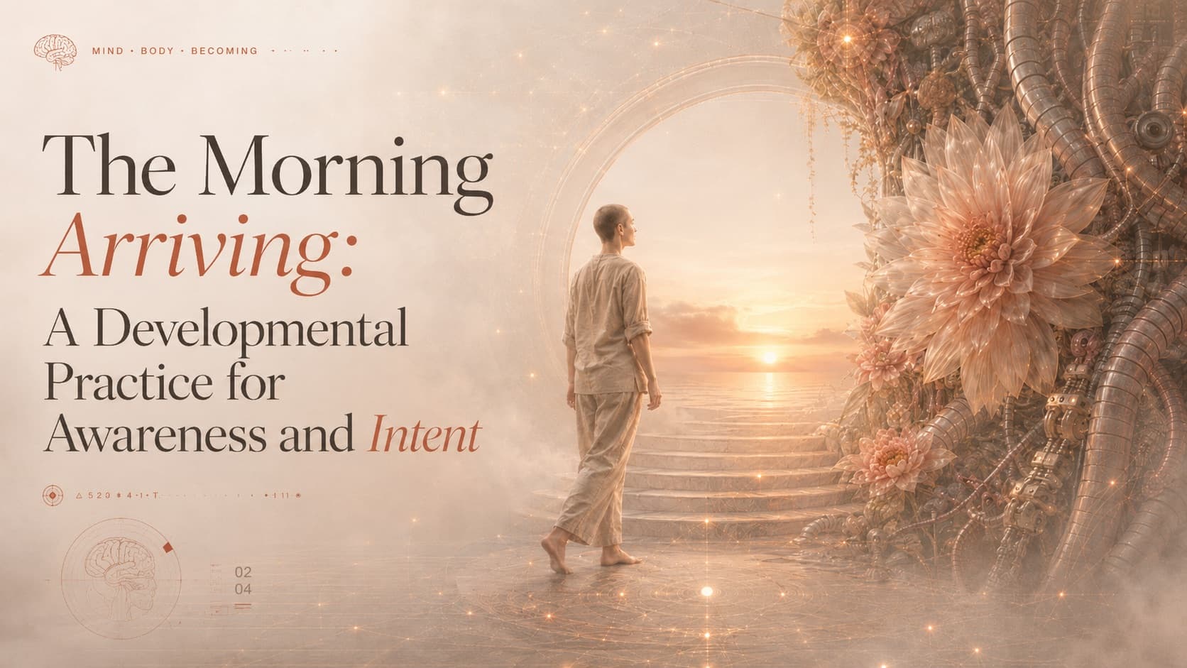 Cover: “The Morning Arriving” beside a figure walking toward a sunrise through a flowering archway.