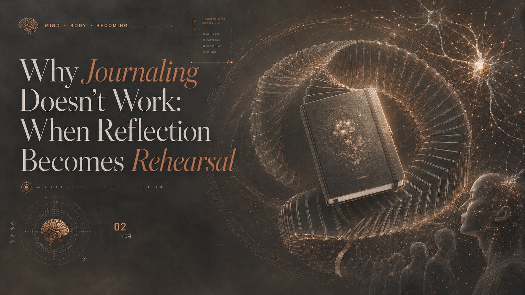 Cover: “Why Journaling Doesn’t Work: When Reflection Becomes Rehearsal” beside a notebook repeating in a spiral of copies.