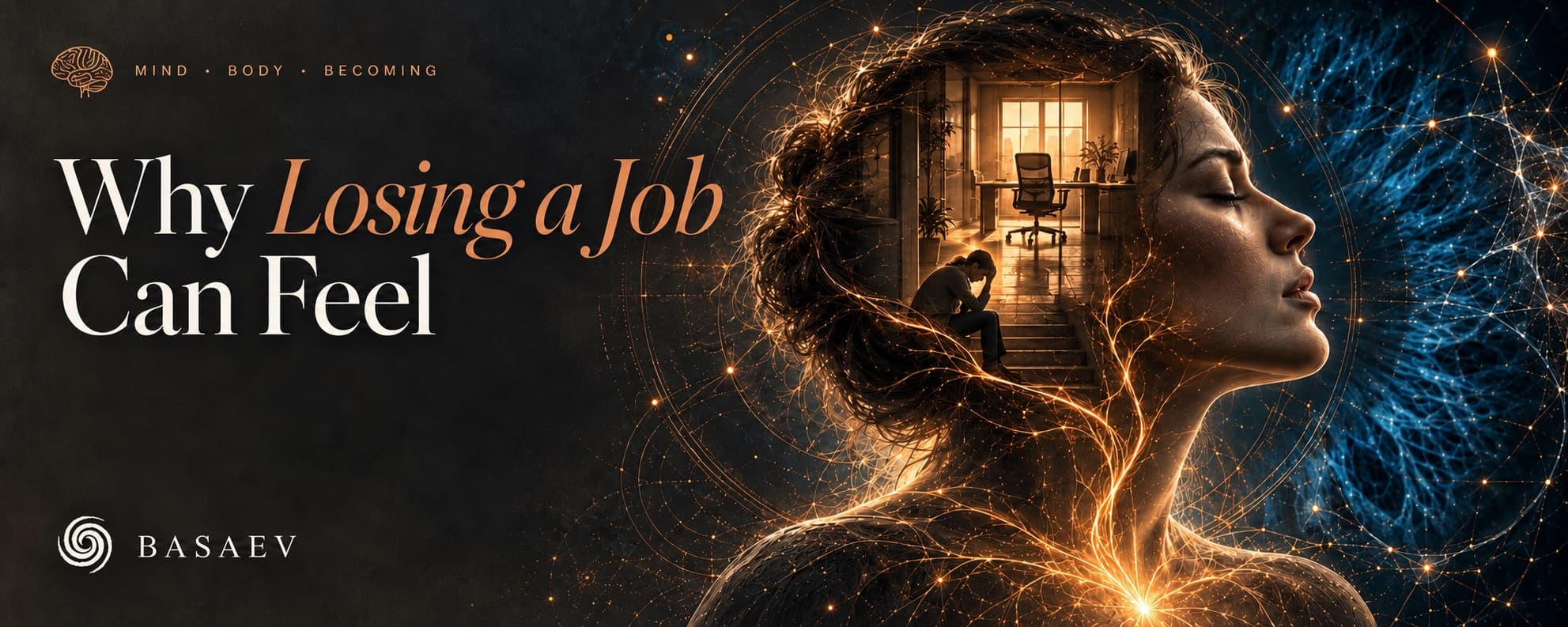 Cover: “Why Losing a Job Can Feel So Physical” beside a woman in profile whose head holds a dim office and a man sitting alone on the stairs, threaded with glowing nerve lines.