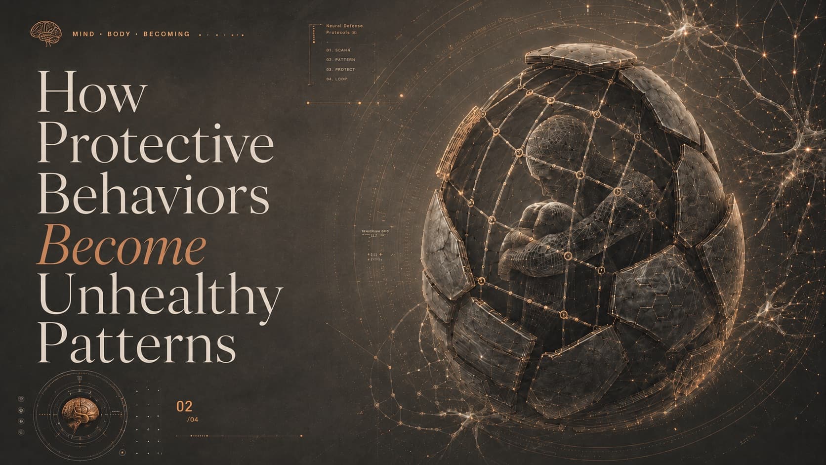 Cover: “How Protective Behaviors Become Unhealthy Patterns” beside a figure curled inside a stone shell bound in a glowing lattice.